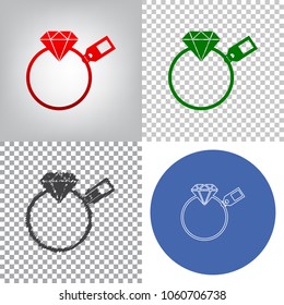 Diamond sign with tag. Vector. 4 styles. Red gradient in radial lighted background, green flat and gray scribble icons on transparent and linear one in blue circle.