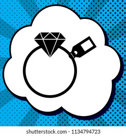 Diamond sign with tag. Vector. Black icon in bubble on blue pop-art background with rays.