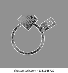 Diamond sign with tag. Vector. Black maze filled icon with white border at gray background.