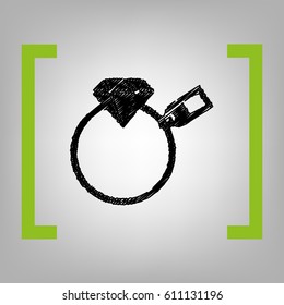 Diamond sign with tag. Vector. Black scribble icon in citron brackets on grayish background.