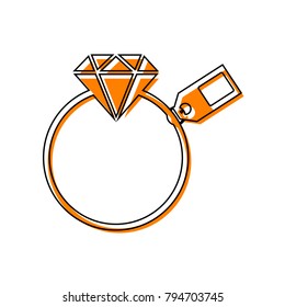 Diamond sign with tag. Vector. Black line icon with shifted flat orange filled icon on white background. Isolated.