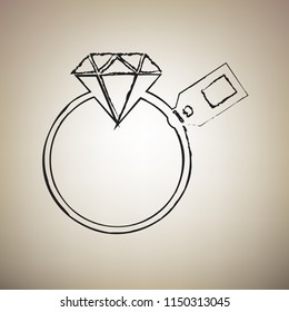Diamond sign with tag. Vector. Brush drawed black icon at light brown background.