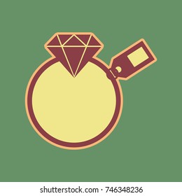 Diamond sign with tag. Vector. Cordovan icon and mellow apricot halo with light khaki filled space at russian green background.