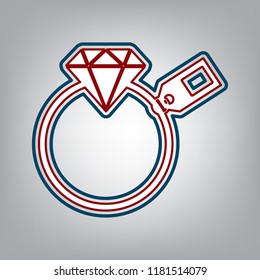 Diamond sign with tag. Vector. Dark red, transparent and midnight green stroke of white icon at grayish background.