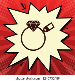 Diamond sign with tag. Vector. Dark red icon in lemon chiffon shutter bubble at red popart background with rays.