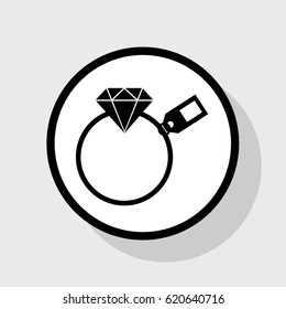 Diamond sign with tag. Vector. Flat black icon in white circle with shadow at gray background.