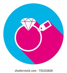 Diamond sign with tag. Vector. Flat white icon with mexican pink shadow inside sky blue(S and G) circle at white background. Isolated. Trend colors in 2017.