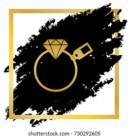 Diamond sign with tag. Vector. Golden icon at black spot inside golden frame on white background.