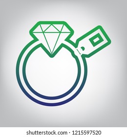 Diamond sign with tag. Vector. Green to blue gradient contour icon at grayish background with light in center.