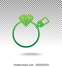 Diamond sign with tag. Vector. Green gradient icon with shadow at bottom on transparent and white background.