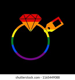 Diamond sign with tag. Vector. Icon with colors of LGBT flag at black background.