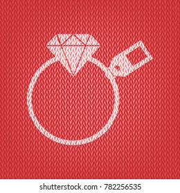 Diamond sign with tag. Vector. Knitted white icon on a red knitted background.