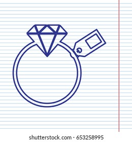 Diamond sign with tag. Vector. Navy line icon on notebook paper as background with red line for field.