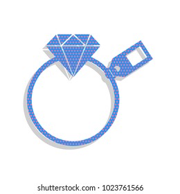 Diamond sign with tag. Vector. Neon blue icon with cyclamen polka dots pattern with light gray shadow on white background. Isolated.
