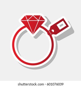 Diamond sign with tag. Vector. New year reddish icon with outside stroke and gray shadow on light gray background.