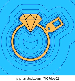Diamond sign with tag. Vector. Sand color icon with black contour and equidistant blue contours like field at sky blue background. Like waves on map - island in ocean or sea.