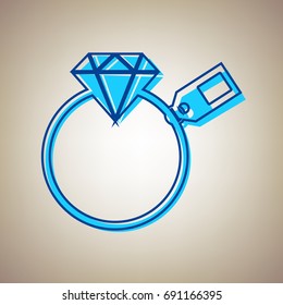 Diamond sign with tag. Vector. Sky blue icon with defected blue contour on beige background.
