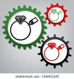 Diamond sign with tag. Vector. Three connected gears with icons at grayish background.