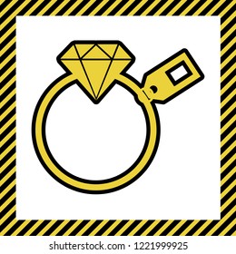Diamond sign with tag. Vector. Warm yellow icon with black contour in frame named as under construction at white background. Isolated.