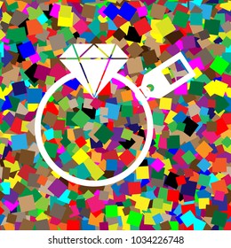 Diamond sign with tag. Vector. White icon on colorful background with seamless pattern from squares.
