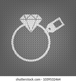 Diamond sign with tag. Vector. White knitted icon on gray knitted background. Isolated.