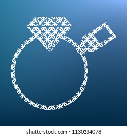 Diamond sign with tag. Vector. White textured icon at lapis lazuli gradient background.