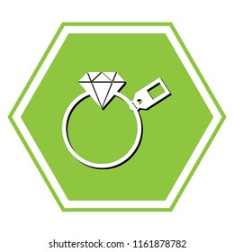 Diamond sign with tag. Vector. White icon with black shadow at yellow green honeycomb on white background.