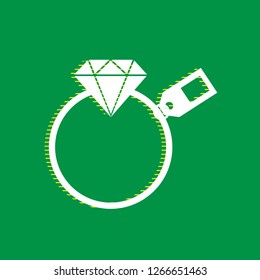 Diamond sign with tag. Vector. White flat icon with yellow striped shadow at green background.