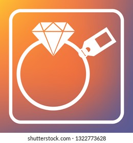 Diamond sign with tag. Vector. White icon on transparent button at orange-violet gradient background.
