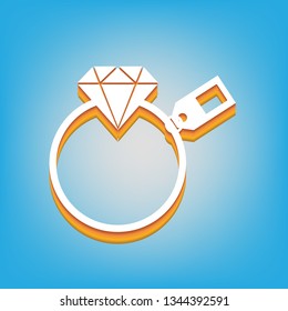 Diamond sign with tag. Vector. White icon with 3d warm-colored gradient body at sky blue background.