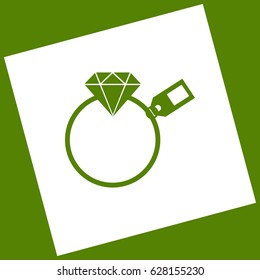 Diamond sign with tag. Vector. White icon obtained as a result of subtraction rotated square and path. Avocado background.