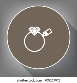 Diamond sign with tag. Vector. White icon on brown circle with white contour and long shadow at gray background. Like top view on postament.
