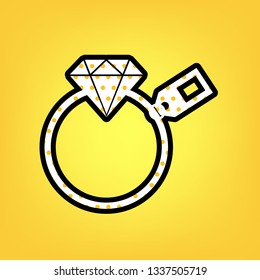 Diamond sign with tag. Vector. Yellow polka dot white icon with black contour at warm yellow background.