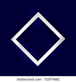 Diamond silver frame with lights effect on dark background. Shining banner with stars and glitter. Vector template