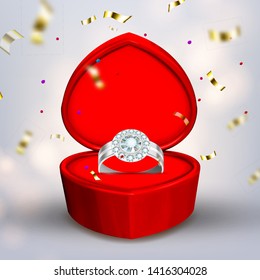 Diamond Silver Ring In Shape Of Heart Box Vector. Expensive Special Fashion Present For Beautiful Woman Ring With Reflection Gem. Luxury Accessory Decorated Golden Foil Realistic 3d Illustration