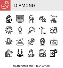conjunto de iconos sencillos de diamante. Contiene íconos como Invitación a la boda, Princesa, Juegos en línea, Novia, Diamante, Luna de miel, Bouquet, Minería, pueden ser usados para web, móvil y logotipo