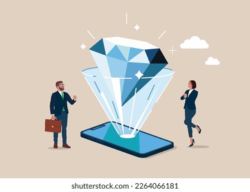 Diamond from smartphone screen flat style. Modern gadget. Diamond in phone. Innovative technologies and development concept. Modern vector illustration in flat style