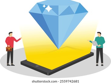 Diamond from smartphone screen flat style. Modern gadget. Diamond in phone. Innovative technologies and development concept. Modern vector illustration in flat style

