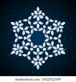 Diamond snowflake. Gemstones in the shape of a flower. Jewelry decoration for Christmas and New Year. 3D realistic neon illustration.Blue neon background vector.