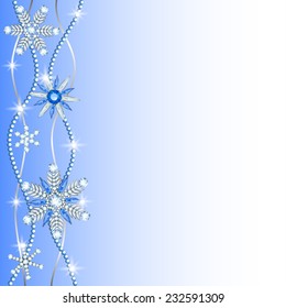 Diamond snowflakes border on blue and white background
