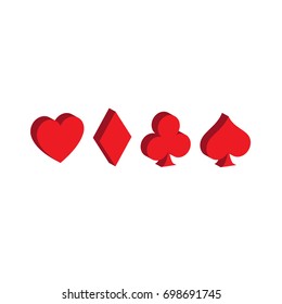 Diamond, spade, heart, clover. Vector symbols of playing cards.  Red 3D.