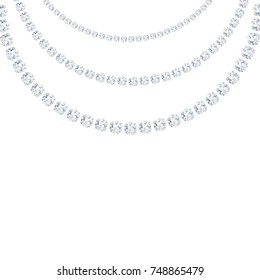 Diamond sparkling beads. Shining precious gems chain. Round form. Modern jewelery background. Isolated on white