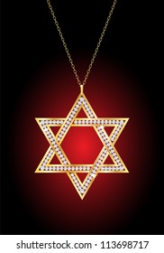 A diamond Star of David necklace on gold chain, against red and black background . EPS10 vector format.