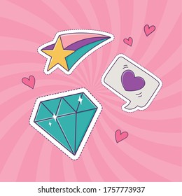 Diamond Star And Heart Love Patch Fashion Badge Sticker Decoration Icon Vector Illustration