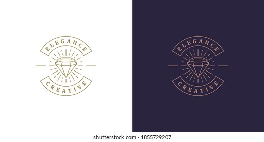 Diamond and starburst light logo template vector illustration. Elegant gem stone emblem design for jewelry logotype or royal brand line art style.