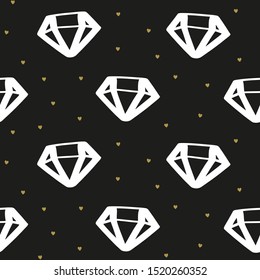 Diamond stone seamless pattern with hearts for bachelorette party, bridal shower, engagement celebration, gift wrapping and decoration. Hand drawn black, white and gold repeat design.