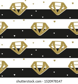 Diamond stone seamless pattern with stripes for bachelorette party, bridal shower, engagement celebration, gift wrapping and decoration. Hand drawn black, white and gold repeat design.