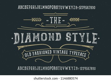 "Diamond Style". Original handmade alphabet. Vintage font design and poster. Custom typeface. Clean & Textured Versions Included. Vector.