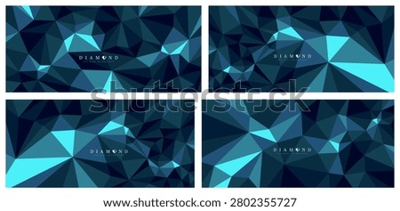 Diamond surface dark vector abstract background set, 3D low poly crystal abstraction, luxury style gem blue color backdrop, polygonal abstract structure.