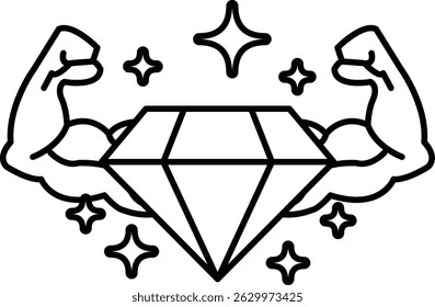 Um diamante é cercado por dois braços musculosos. O diamante está cercado por muitas estrelas